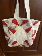 Vintage Picnic Blanket Quilt Carry Tote Bag Red Blue Patchwork Hand Made