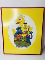 Vintage Sesame Street Gang Hand Cross Stitch Big Bird Cookie Monster Wall Art 84