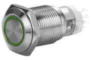 3/4" Silver Momentary Stainless Steel Switch w/ Green Halo Push Button 19mm 12V