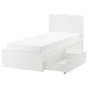 MALM bed frame, high, w 2 storage boxes, white/Luröy, Single