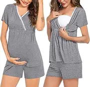 [SWOMOG] Maternity Nursing Pajamas Set 2 PCS Breastfeeding Sleepwear Short Sleeve Top & Shorts Pregnancy Pjs Postpartum Set