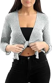 [Love My Fashions] Women’s Fish Net Knitted Tie Up Bolero Shrug Top Ladies 3/4 Sleeve One Size Fits All, Ice Grey, One Size