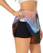 [WURTON] Mountains Print Exercise Gym Workout Shorts Women's Athletic Shorts Dual-Layered Yoga Running Shorts