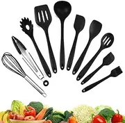 Silicone Kitchenware 11-Piece Set, Large Silicone Cooking Utensils Set, Kitchen Cooking Utensils Set for Spatula, Spoon, Turner Tongs, Brush, Whisk, Dishwasher Safe, Black