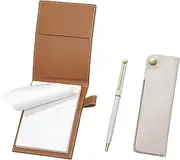 LS022PM-NK01W-WD002-W Recycled Cowhide Mini Notebook Cover Mocha with Horizontal Hook Pen Case White Epoxy Rotating Ballpoint Pen Set White