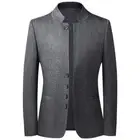 Mens Tweed Suit Blazer Jacket Coat Mandarin Collar Single-Breasted Slim Formal