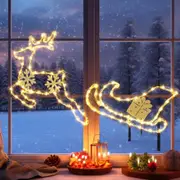 2 Pack Acrylic elk Pulling sled Christmas Lights, Battery Powered Christmas Decor Window Lights Indoor Outdoor with 95 Bright Beads for Christmas Tree Glass Door