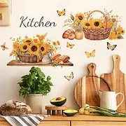 Sunflower Flower Basket Butterfly Wall Stickers, sacinora Yellow Floral Art DIY Wall Decals Removable Vinyl Peel and Stick for Kitchen Nursery Living Room Bedroom Decorations