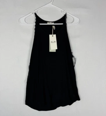 NWT Miss Me Tank Top Womens Medium Black Solid Lace Pullover Logo Rayon