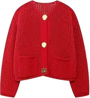 [Rixiland] Women's Cropped Cardigan Sweaters Chunky Knit Gold Button Down Long Sleeve Open Front Cardigan with Pockets, Red, Large