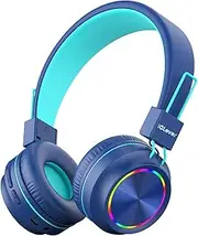 iClever Kids Bluetooth Headphones LED Light Up with Safe Volume, 35H Playtime, Stereo Sound Mic, Bluetooth 5.4, Foldable, On Ear Kids Wireless Headphones for Tablet/Airplane/Travel, BTH03 Blue