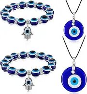 [Yaomiao] 4 Pieces Evil Eye Necklace with Evil Eye Bracelet Set Blue Eye Bead Hamsa Hand Stretch Bracelet and Glass Eye Faux Leather Rope Chain Necklace for Women and Men