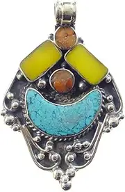 [TIBETAN SILVER] Amber Turquoise & Coral Gemstone Compressed Chip Inlay Authentic Tibetan Designer Handmade Pendant for women & Men, Oxidized Silver Plated Handmade Ethnic Tribal Gypsy Pendant
