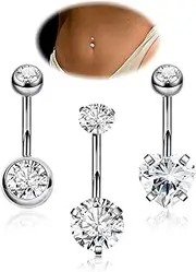 [REVOLIA] 3Pcs 14G F136 Titanium Belly Button Rings for Women Hypoallergenic Cubic Zirconia Navel Rings Heart Belly Rings Sliver Pretty Belly Piercing Barbells 6-16mm