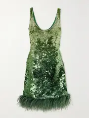 [Valentino Garavani] Valentino Garavani - Feather-trimmed Sequined Satin Mini Dress - Green - IT44 IT 44 Green