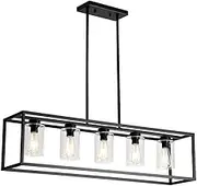 USOR 5 Lights Chandelier Hanging Light Fixture Morden Rectangle Pendant Lights with Clear Glass Shade Fashionable Ceiling Light for Dining Room Kitchen Island Black Color