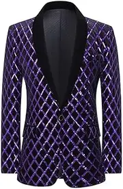 [HEYDHSDC] Men Purple Sequins Plaid Blazer Singer Host Costume Fleece Stage Host Tuxedo Suit Jacket
