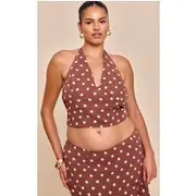 Plus Chocolate Polka Dot Halterneck Chiffon Top, Chocolate
