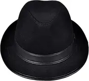 [Generic] Men Women Woolen Stage Fitted Cowboy Caps Retro Genuine Leather Wool Gentleman Jazz Fedoras Hats Black 60cm