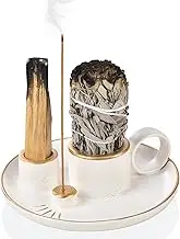LIGHUFEIC Incense Holder,4-in-1 Palo Santo & Sage Incense Holder,5.9" Ceramic Burner with Handle, Ash Catcher Tray & White Candle Holder - for Meditation, Home Decor & Zen Gifts.