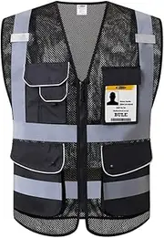 JKSafety 9 Pockets High Visibility Zipper Front Safety Vest With Reflective Strips,HQ Breathable Mesh, Oxford Fabric for pocket materials. Black Meets ANSI/ISEA Standards (XX-Large, 110-Black)