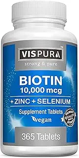 Biotin 10000 mcg Vitamin B7 + Zinc + Selenium, Pure, Vegan & Extra Strong, Best Supplement for Hair Growth, Glowing Skin, Strong Nails*, 365 Tablets for 12 Months, Natural Without Additives (2)