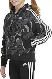 [adidas] Girls' Kids Hoodies Zip Up Hoodie Zip-Front Essential 3-Stripe Hooded Fleece Jacket (US, Alpha, Large, Regular, Black Print), Black Print, Large