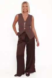 [PUP100] Bethany Satin Pant Set - Brown XS Brown