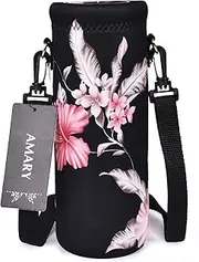 AMARY 500ML Neoprene Water Bottle Carrier Bag with Adjustable Shoulder Strap,Insulated Water Bottle Cover for Stainless Steel/Glass/Plastic Bottles 16.9OZ (Flowers-3)