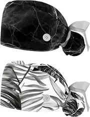 [YTYVAGT] 2-Pc,Nurse Scrub Caps,Scrub Hats with Buttons and Cotton Sweatband,Black Marble Pattern Print