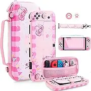 FUNDIARY Pink Carrying Case Compatible with Nintendo Switch OLED, Cute Accrssories Kit for Switch Console with Hard PC Protective Shell, HD Screen Protector, Adjustable Shoulder Strap & 2 Thumb Caps
