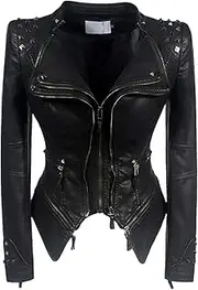 [Bciopll] Women Motorcycle Jacket Rivet Zipper Denim Jacket Large Size Slim Jacket Coats