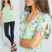 Modcloth Womens Lemon Print Blue Career Polyester Top Size XS (C53)