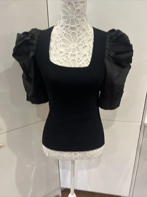 BNWT RIVER ISLAND LONDON BLACK TOP SIZE 14 La D Vta Ribbed Body Balloon sleeves