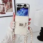 Samsung Galaxy Z Flip6 phone case, card bag folding leather phone case, pearl lanyard phone case, easy to carry