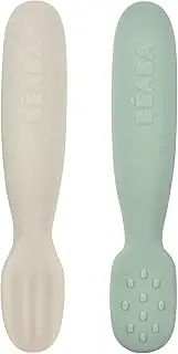 Beaba Kids Silicone Pre-Spoon, Sage Green/Velvet Grey (2-Piece Set)