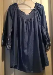 ❤️TERRA & SKY Peasant Blue Top Blouse Embroidered Bell Sleeves 1X NWT