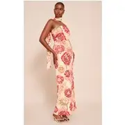 Multi Floral Print Bandeau Scarf Detail Chiffon Maxi Dress, Multi