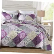 King Size Quilt Set - 3 Pieces Purple Patchwork King Quilt with 2