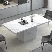 HSH 55 inch Dining Table for 4, Modern White Faux Marble Dining Room Table, Rectanglur Kitchen Table with Heavy Duty Pedestal, Wooden Eating Dinner Table for Home,Living Room, White Marble, 55 Inch