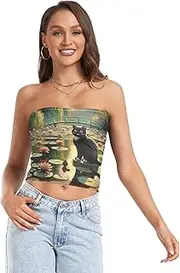 [RPLIFE] Black Cat Water Lilies Womens Crop Tube Top, Strapless Tops Going Out, Mesh Tube Tops, Trendy Crop Tops (S)