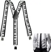 [Zerquell] Long Braces, Y Braces, Unisex, 3 Clips, Elastic Adjustable Braces, with Music Piano Patterns, for Party Fancy Dress (2.5 cm), Black+white, 2.5 * 100cm