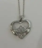 Claddagh Heart Pendant Clear Stones sterling silver With Chain .925 *pretty*