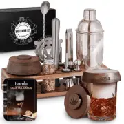 Bartender Kit with Whiskey Smoker 13 pcs Pine Stand Bar Set with Cocktail