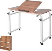 Tilt Top Overbed Table with Wheels Cross-Bed Stretchable Lazy Computer Desk Mobile Laptop Cart Adjustable Rolling Over Bed Desk,Natural,0.8m
