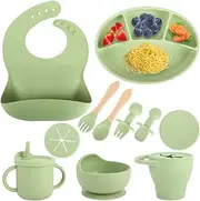Silicone Baby Feeding Set 11pc, Baby Led Weaning No Mess Divided Suction Plate and Bowl, Silicone Bib, Spoon and Fork, Sippy Cup and Snack Cup, BPA Free Feeding Utensils, Dishwasher Safe (Green)