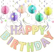 LITAUS, Birthday Decorations, NO DIY - Pack of 17 | Pastel Happy Birthday Banner, Honeycomb Balls, Swirls, Garland | Happy Birthday Decorations | Birthday Party Decorations