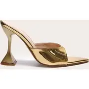 Gold Pu Patent Pointed Toe Square Mid Heeled Mules, Gold