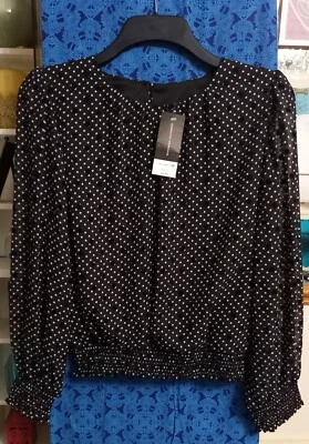 Dorothy Perkins Black Flocked Polka Dot Shirred Top (Multiple Sizes Available)