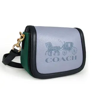 COACH 烙印大馬車LOGO撞色皮革翻蓋馬鞍斜背包(霧霾藍)